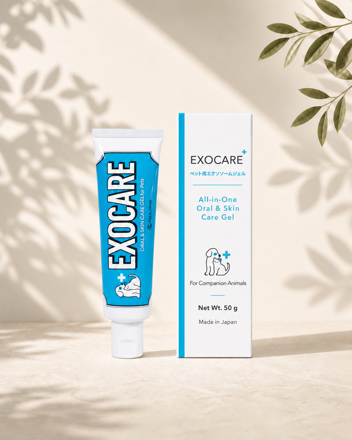 EXOCARE All-in-One Oral & Skin Care Gel, 50 g tube and box for companion animals, made in Japan.